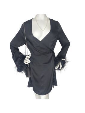 NWT Glamorous Black Satin Feather Wrap Mini Dress Medium | Night Out Luxe
